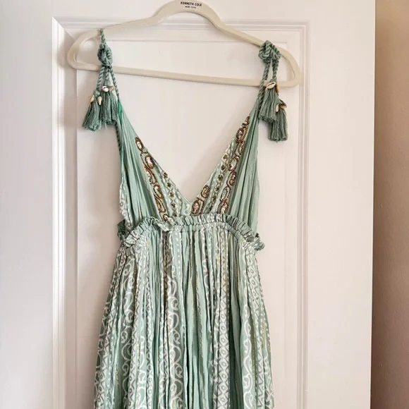 Boho Maxi Dress with Tassel Straps in Sage Green - Picture 1 of 10